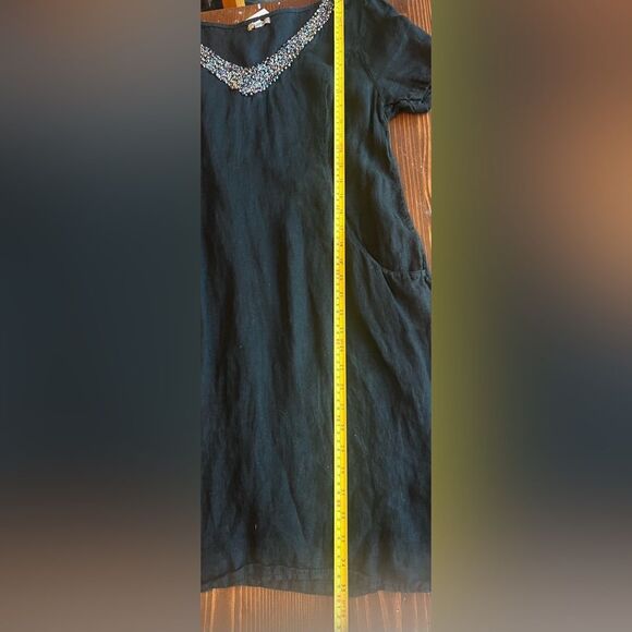 Lina Tomei Mini Dress with Beaded Neckline Sz S Linen Pockets Made in Italy - Picture 5 of 9
